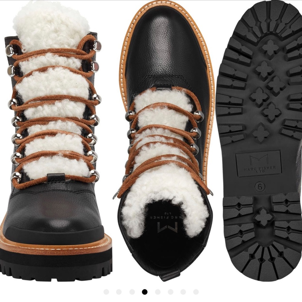 NWOB Black Leather Marc Fisher LTD Izzie Genuine Shearling Lace-Up Boot SZ 11
